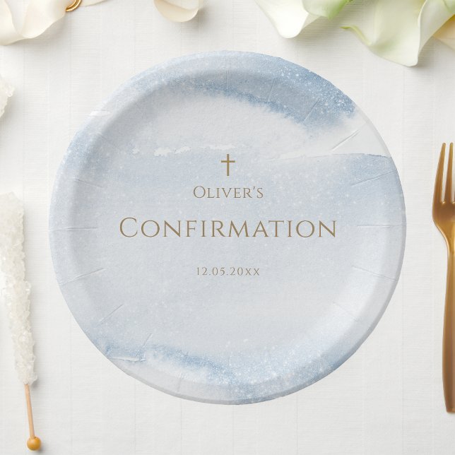 Platos de Papel de Confirmación de Niño con Acuare (Blue Watercolor Boy Confirmation Paper Plates)
