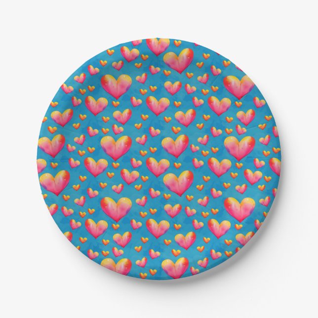 Platos de papel de corazones con acuarela multicol (Anverso)