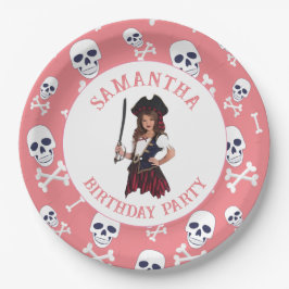Platos de papel de Cráneos de niña PINK pirata