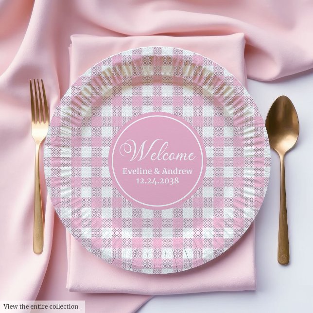 Platos de Papel de Cuadro Rosa Elegante Fiesta de  (Pink Plaid Paper Plates Elegant Wedding Party Style)