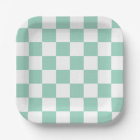 Platos de papel de cuadros blancos y azul verdoso
