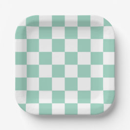 Platos de papel de cuadros blancos y azul verdoso
