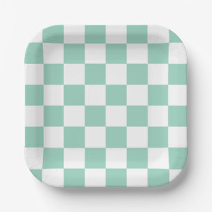 Platos de papel de cuadros blancos y azul verdoso