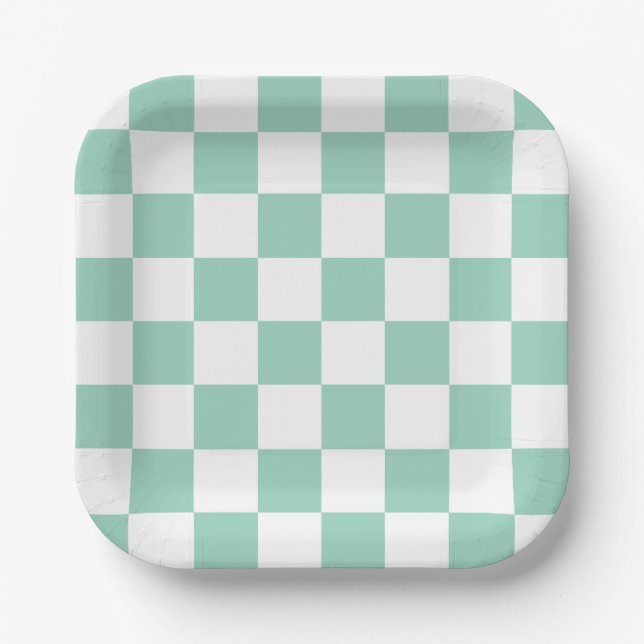 Platos de papel de cuadros blancos y azul verdoso (Anverso)