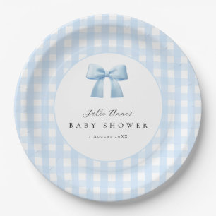 Platos de papel de cuadros con lazo azul para baby
