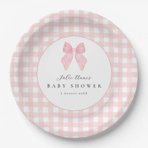 Platos de papel de cuadros con lazo rosa para baby