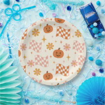 Platos de papel de cuadros Groovy Retro Halloween