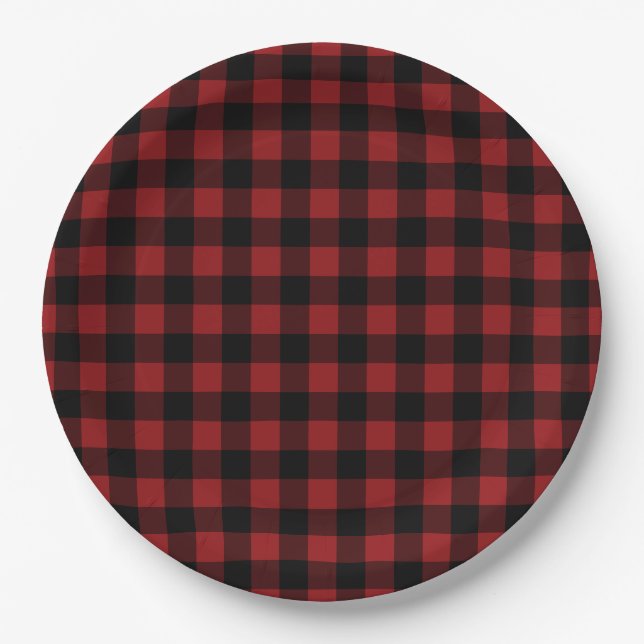 Platos de papel de cuadros rojos y negros (Anverso)