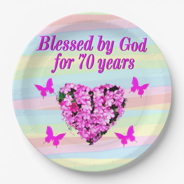 PLATOS DE PAPEL DE CUMPLEAÑOS 70 DE FLORAL ROSA (Anverso)