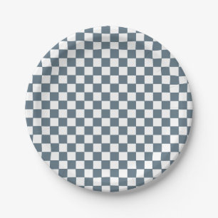 Platos de papel de cumpleaños azul Boho Check