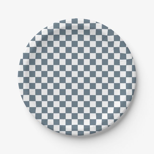 Platos de papel de cumpleaños azul Boho Check (Anverso)