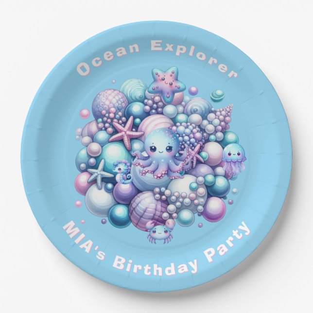 Platos de Papel de Cumpleaños Bajo el Mar con Nomb (Anverso)