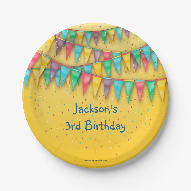 Platos de papel de cumpleaños, banderines colorido (Anverso)