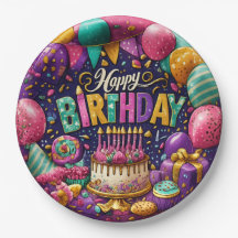 Platos de papel de cumpleaños coloridos únicos