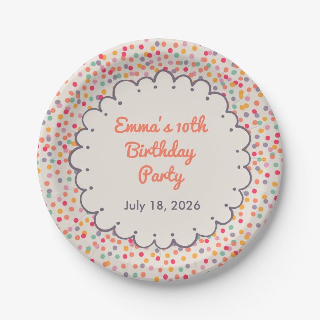 Platos de papel de cumpleaños con confeti colorido (Anverso)