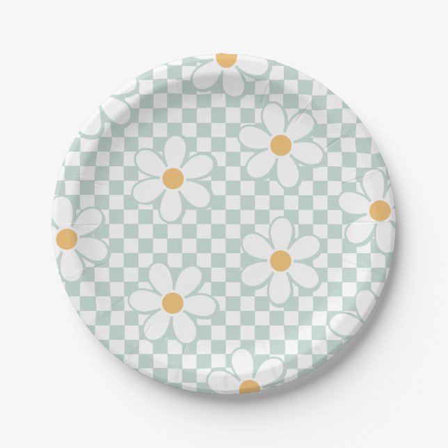 Platos de papel de cumpleaños con cuadros retro y  (Anverso)