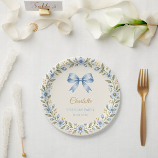 Platos de papel de cumpleaños con lazo floral azul