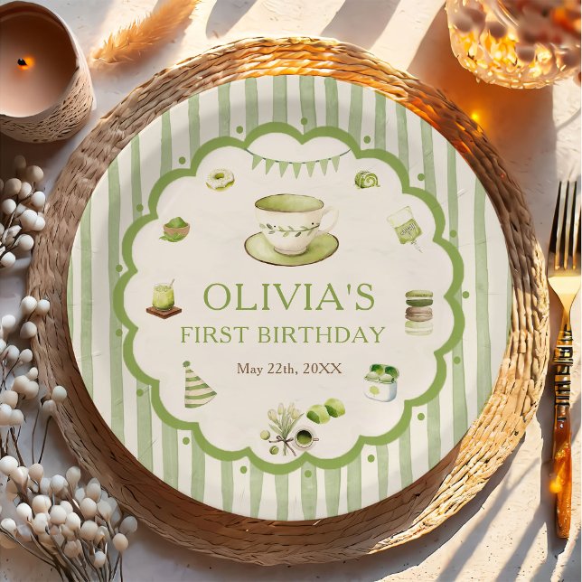 Platos de papel de cumpleaños con rayas de matcha  (Subido por el creador)