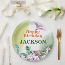 Platos de papel de cumpleaños con tema de dinosaur