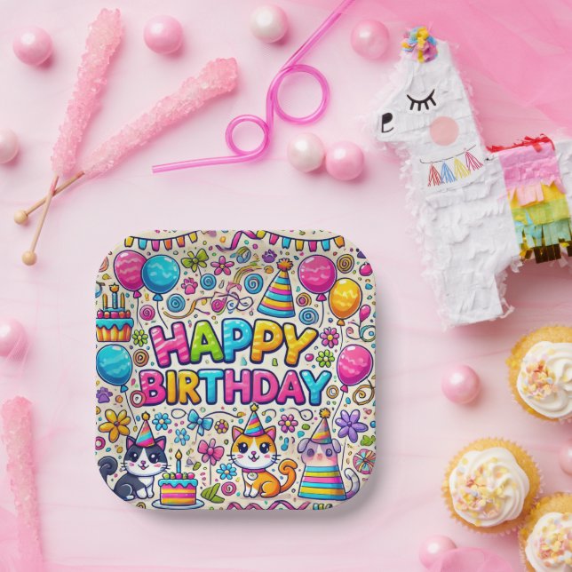 Platos de papel de cumpleaños con tema de gato  (Fiesta)