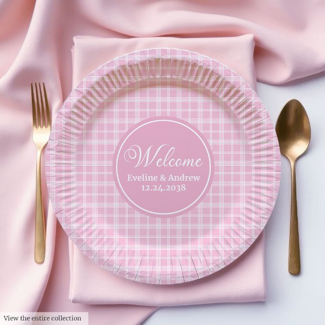 Platos de papel de cumpleaños Cuadros rosados Dise (Birthday Paper Plates Pink Plaid Minimalist Design)
