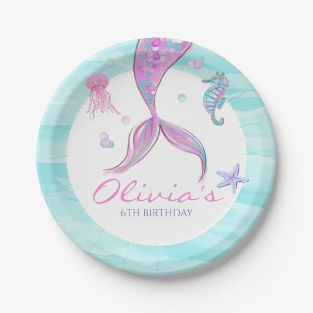 Platos de Papel de Cumpleaños de Cola de Sirena Ba (Anverso)