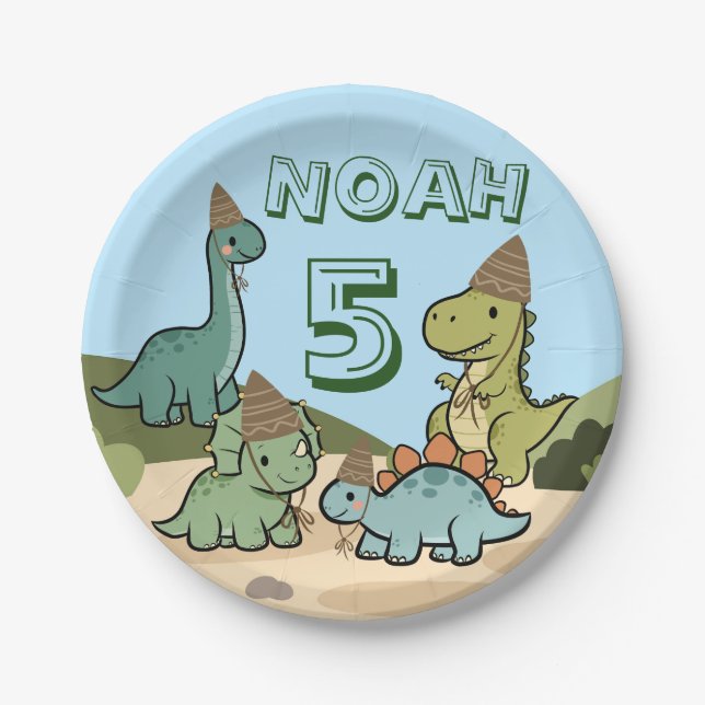 Platos de papel de cumpleaños de dinosaurio lindo (Anverso)