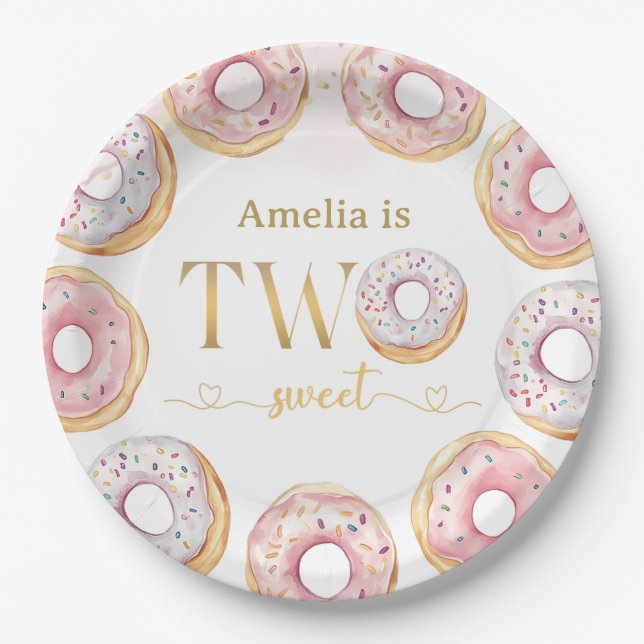 Platos de papel de cumpleaños de donut dulce rosa  (Anverso)