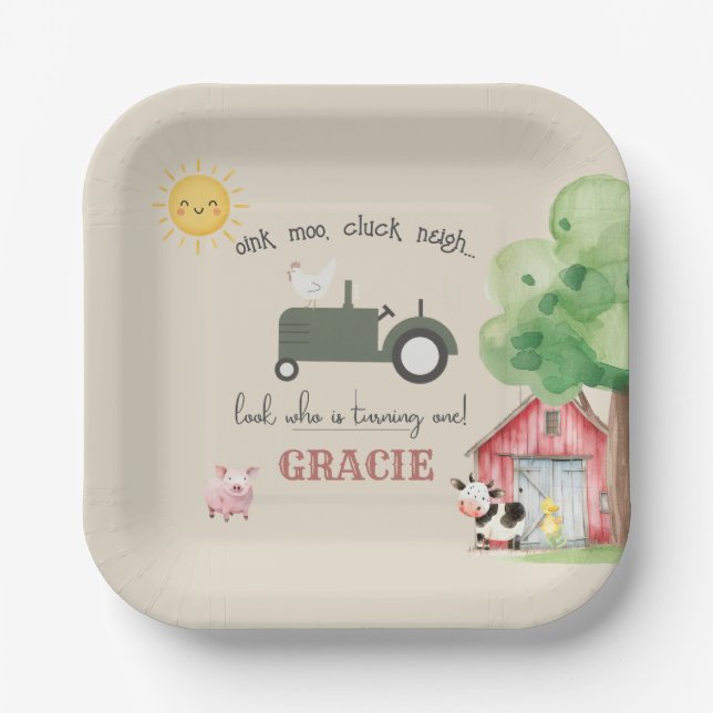 Platos de papel de cumpleaños de granja y animales (Anverso)
