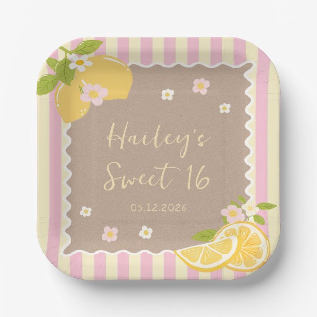 Platos de papel de cumpleaños de limón frescos ros (Anverso)