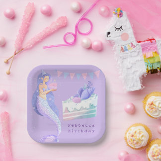 Platos de Papel de Cumpleaños de Sirena con Acuare