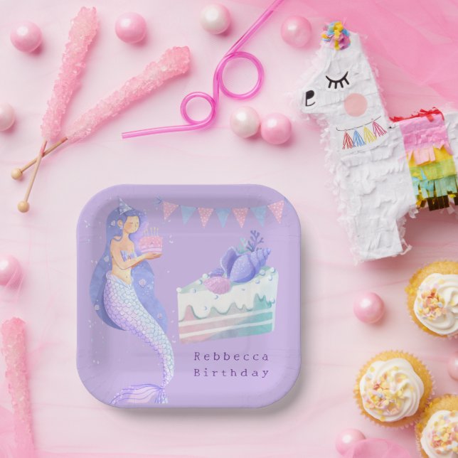 Platos de Papel de Cumpleaños de Sirena con Acuare (Fiesta)