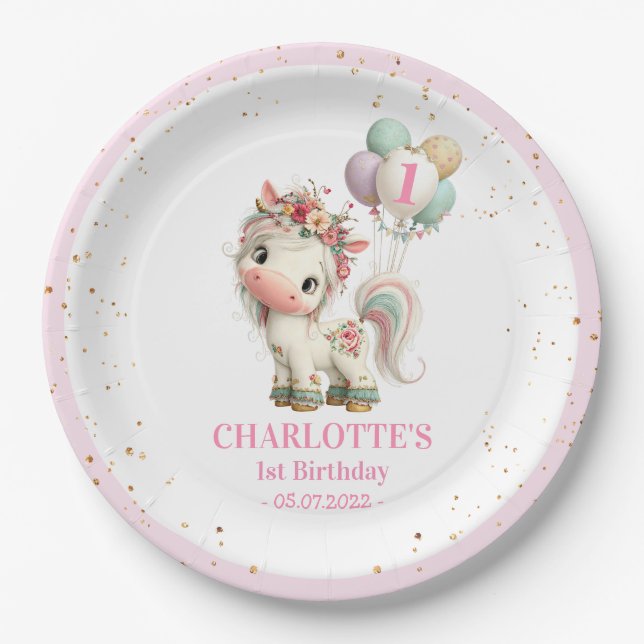 Platos de papel de cumpleaños de unicornio pastel  (Anverso)