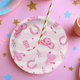 Platos de papel de cumpleaños de vaquera rosa rode