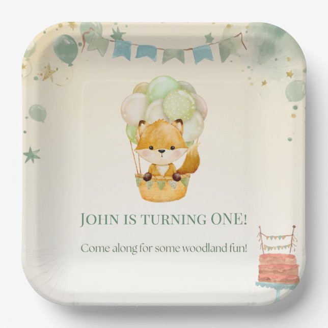 Platos de papel de cumpleaños de zorrito en acuare (Anverso)