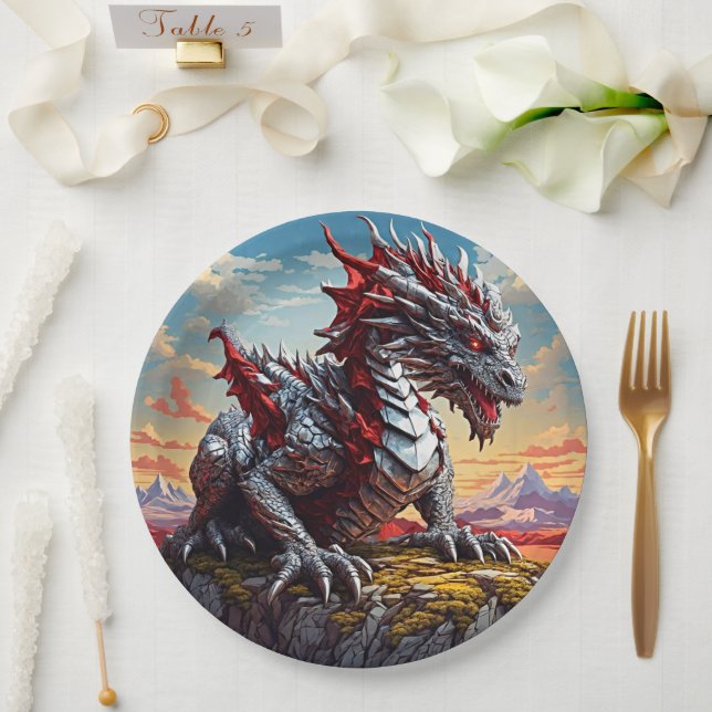 Platos de papel de cumpleaños del dragón plateado  (Boda)
