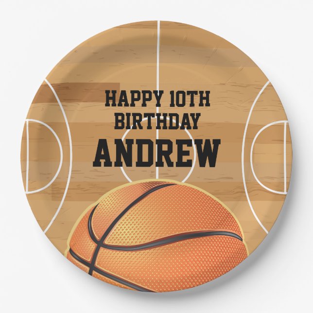 Platos de papel de cumpleaños felíz de baloncesto (Anverso)