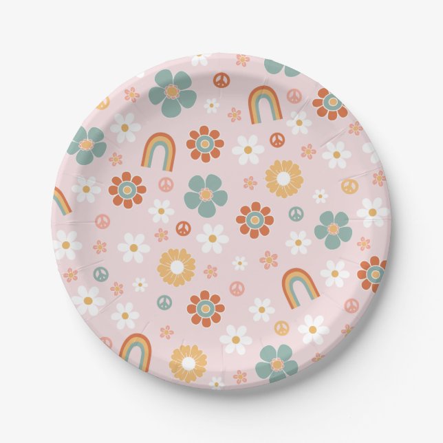 Platos de papel de cumpleaños hippie arcoíris groo (Anverso)
