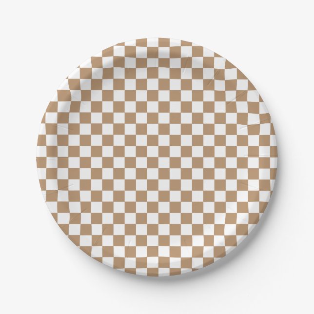 Platos de papel de cumpleaños marrón Boho Check (Anverso)