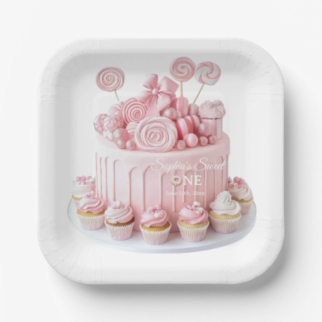 Platos de papel de cumpleaños Pink Sweet One (Anverso)