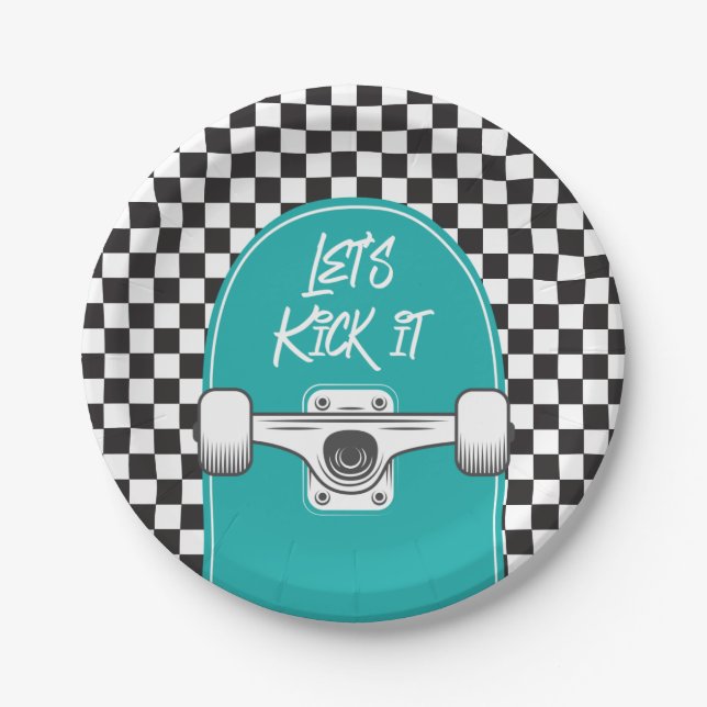 Platos de papel de cumpleaños Skateboard Let's Kic (Anverso)