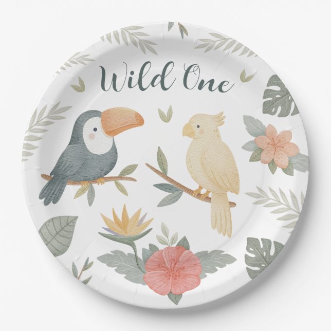 Platos de papel de cumpleaños tropicales Wild One  (Anverso)