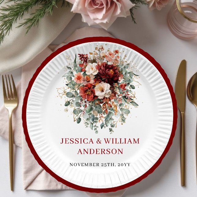 Platos de papel de diseño de boda otoño granate cl (Classic Maroon Autumn Wedding Paper Plates Design

)