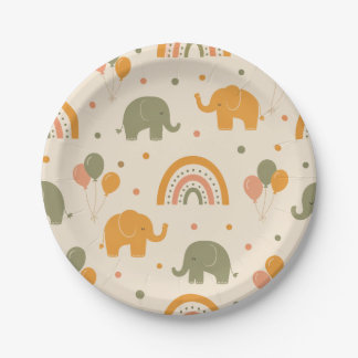 Platos de papel de elefante arcoíris retro neutral