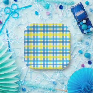 Platos de papel de fiesta de cuadros azules y amar