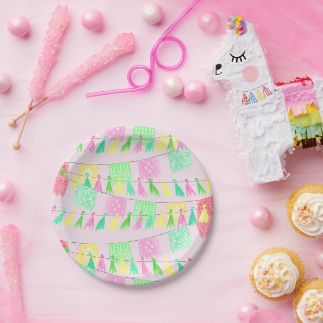 Platos de Papel de Fiesta Rosado Verde Tassel Pape (Fiesta)