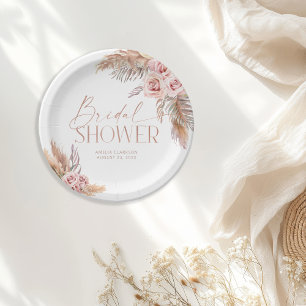 Platos de papel de flores boho Pampas rosa dorado