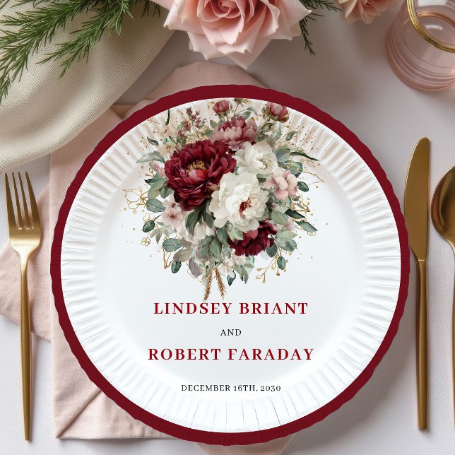 Platos de Papel de Flores de Borgoña Bohemios de L (Luxury Bohemian Burgundy Flowers Gold Paper Plates)