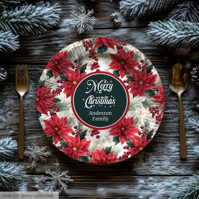 Platos de papel de flores de Navidad personalizada (Custom Christmas Flowers Red Green Paper Plates )