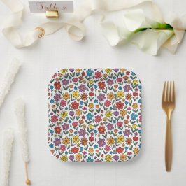 Platos de papel de flores de primavera coloridos y